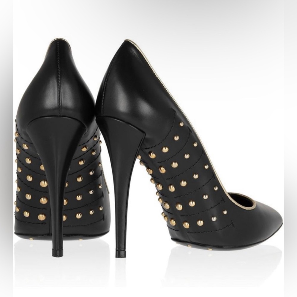 YSL Black Leather Pumps w Gold Trim + Studs * Sz 40 1/2 Dust Bags & Box Included